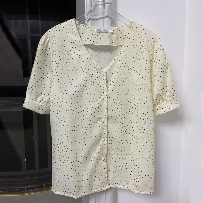 PLAZSON Summer Short Sleeve Women Shirt V Neck Polka Dot Print Blouse Casual Korean Style Tops Chemisier Femme 셔츠 & 블라우스 blusas