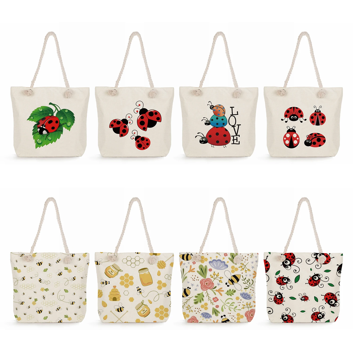 Cotton Rope Handbags Casual Shoulder Bags Bee Ladybug Print Women's Tote Travel Beach Custom Logo Picture Coarse Large Capacity