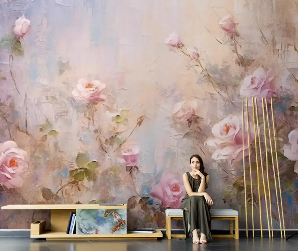 American style French flower bird flower oil painting wallpaper living room dining room TV background wall mural