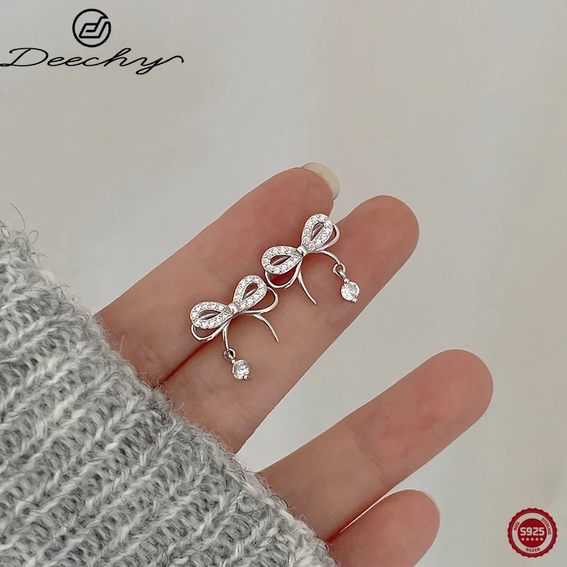 Deechy 925 Sterling Silver Korean Romantic Unique Bow Shiny Stone Stud Earrings for Women Wedding Fashion