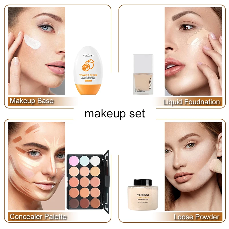 페이스 메이크업 세트, 액체 파운데이션 루즈 파우더 프라이머, 방수, 오래 지속되는 풀 커버리지 컨실러, 여성 화장품, 페이스 메이크업