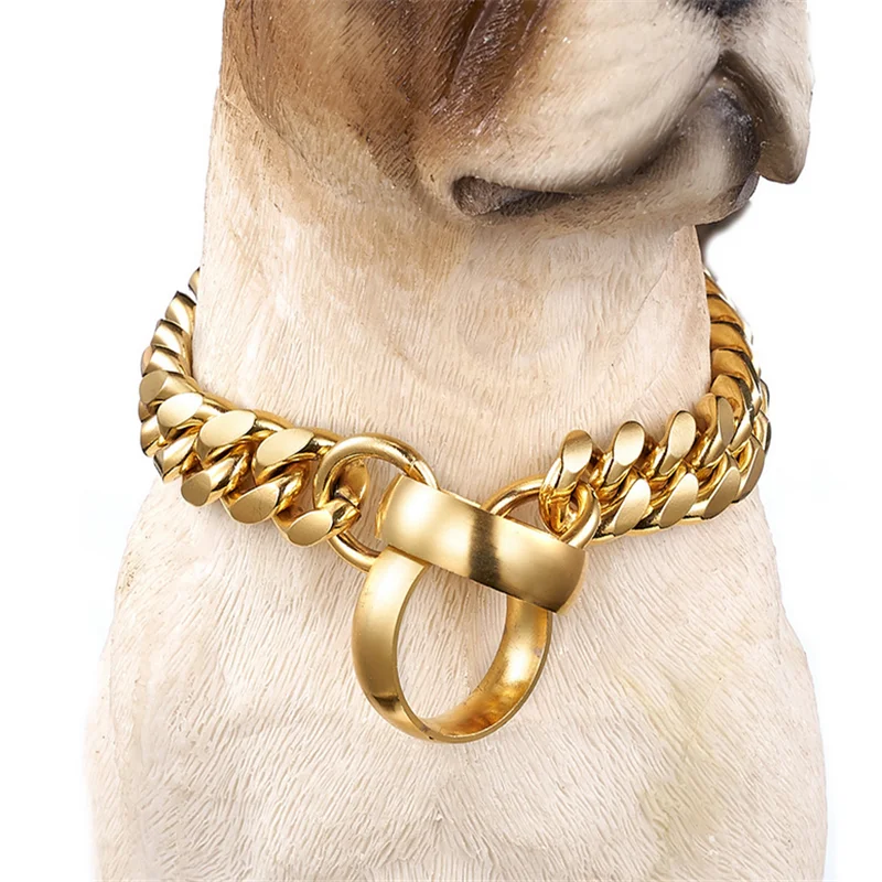 Chain Dog Collar Gold Cuban Link Dog Chain 14MM Thick Chain Collar Stainless steel titanium Heavy Duty Slip Dog Collars for Dogs