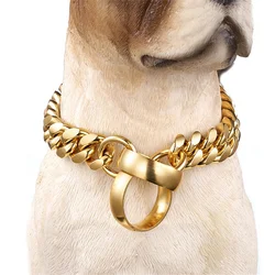 Chain Dog Collar Gold Cuban Link Dog Chain 14MM Thick Chain Collar Stainless steel titanium Heavy Duty Slip Dog Collars for Dogs