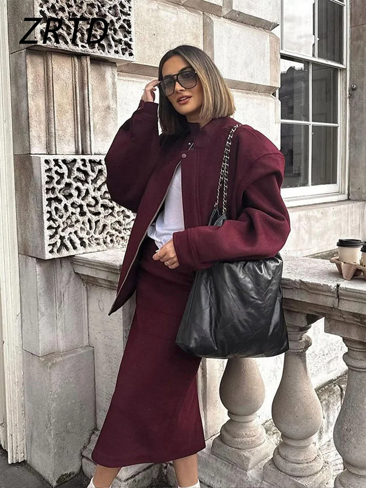 Elegant Patchwork Jacket Women Loose Stand Collar Zipper Long Sleeve Pocket Female Coat 2024 Autumn Lady Street Red Wine Outwear