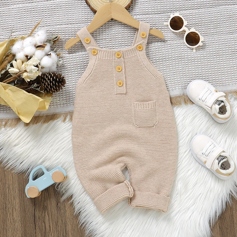 Newborn Baby Rompers Knit Infant Girl Boy Jumpsuit Fashion Solid Pocket Toddler Kid Sling Clothes Sleeveless 0-18M Overalls Fall