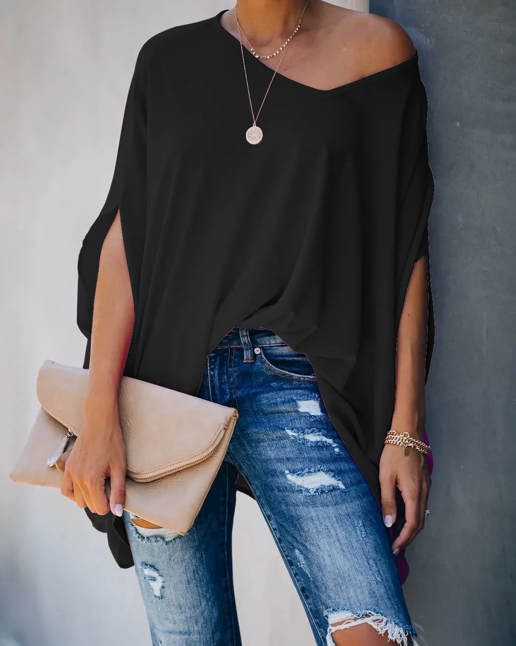 2021 New Home T-shirt con maniche a pipistrello INS Top multicolore con scollo a V stile vacanza allentato