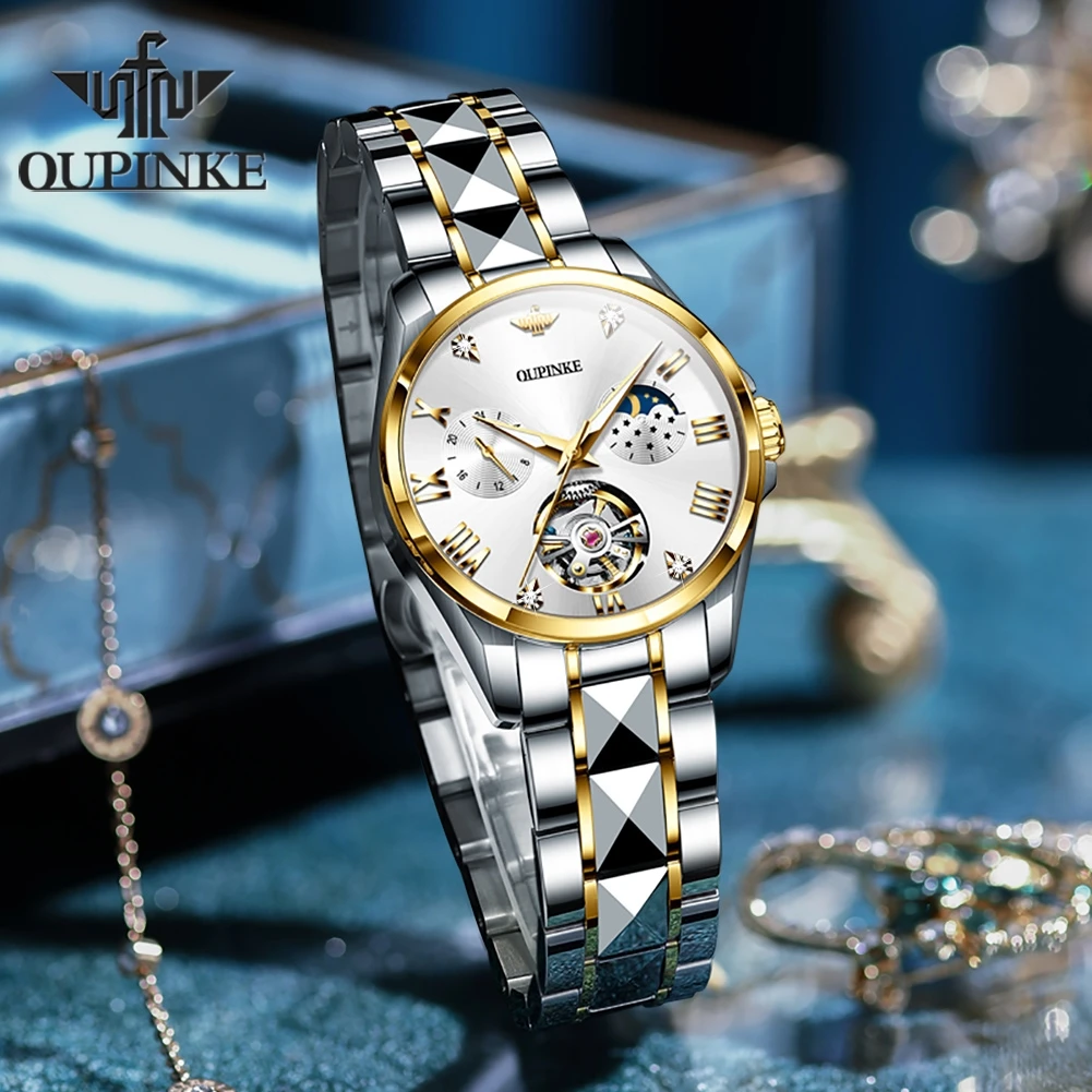 OUPINKE 3202 Skeleton Flywheel Mechanical Wrist Watch for Women Moon Phase Chronograph Waterproof Elegant Ladies Automatic Watch