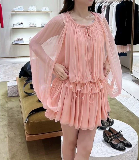 

Top Quality 2026 Summer Women Clothes Romantic Pink 100% Silk Short Dress Fashion Lace-up Ruffles Cloak Dress