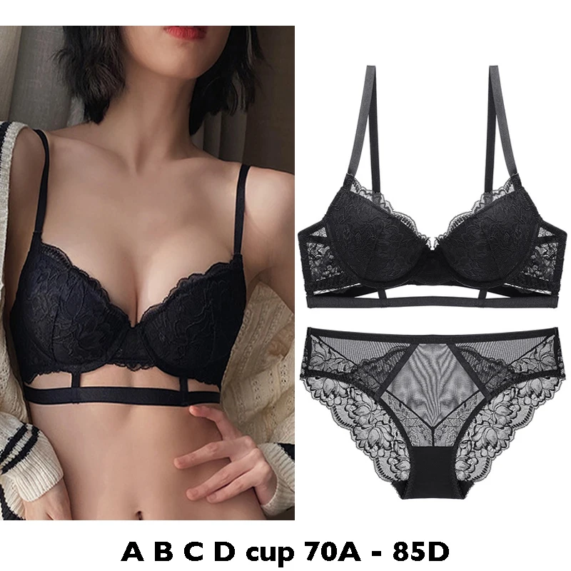 

high quality sexy women bras and brief set push up lace A B C D cup comfortable wire summer lingerie underwear black white