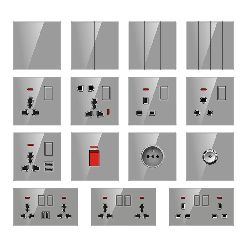 Toma de corriente multipunto con Panel de vidrio gris, interruptor de pared eléctrico con 2 puertos USB y luces indicadoras para el hogar, 5 uds.