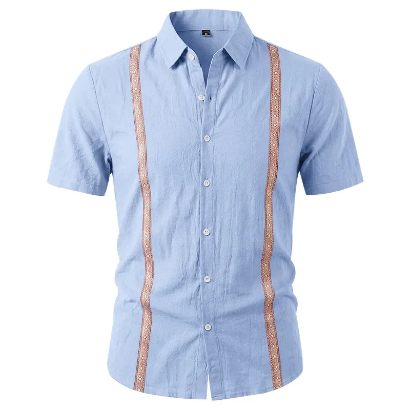 

European and American summer loose men's casual simple bohemian beach linen vacation short-sleeved contrasting shirt