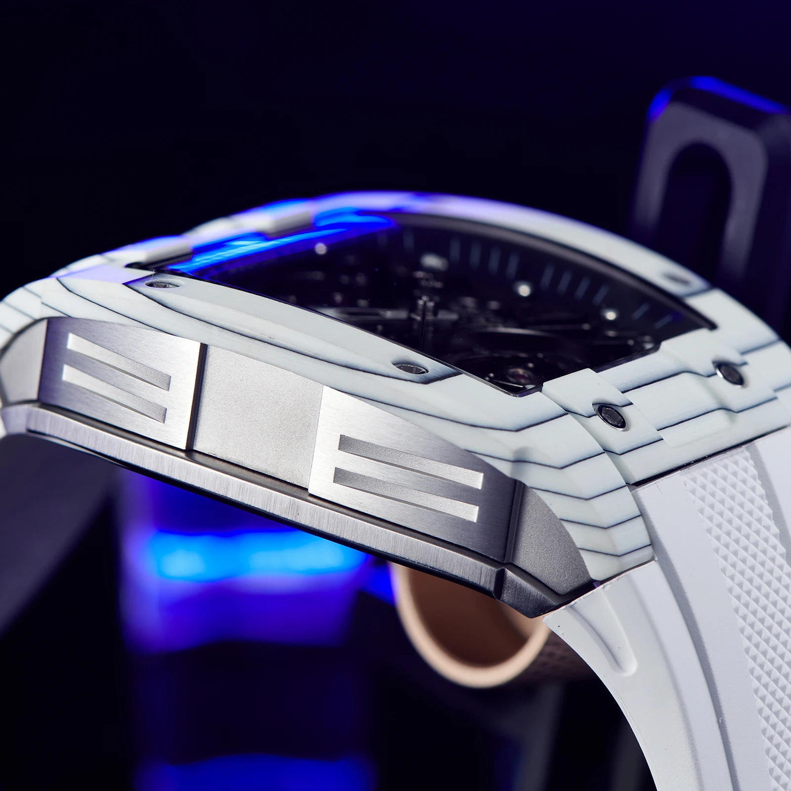 OBLVLO ساعة ميكانيكية فاخرة للرجال من ألياف الكربون مجوفة ساعة أوتوماتيكية تناظرية مطاطية مقاومة للماء ساعات رياضية للرجال EM-ST