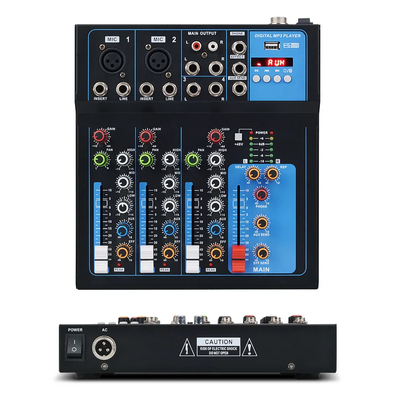 

4-канальный аудиомикшер с Bluetooth, USB, эффектом реверберации, для конференций, танцев, прямых трансляций, K-Performance, со звуковой картой и эффектами подключения.