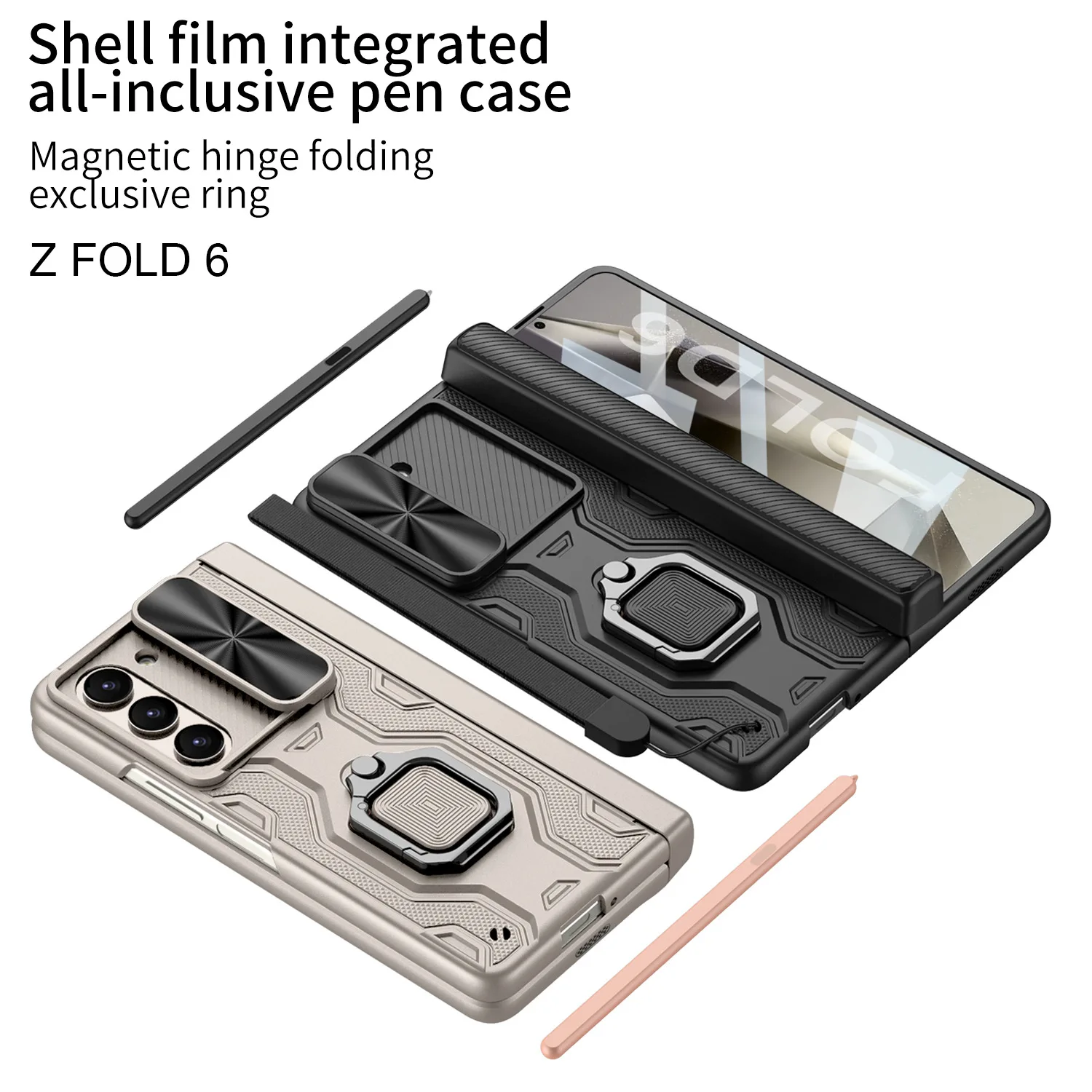 

The phone case for Samsung Z Fold6 New Slide Camera Case, Magnetic Pen Box, Ring Stand, Pen Slot Full Protection Cover