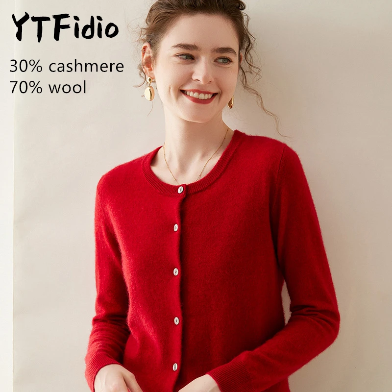 

YTFidio Cashmere Merino Wool Sweater Women Long Sleeve O-neck Casual Jumpers Solid Knitwear Cardigan Tops 107