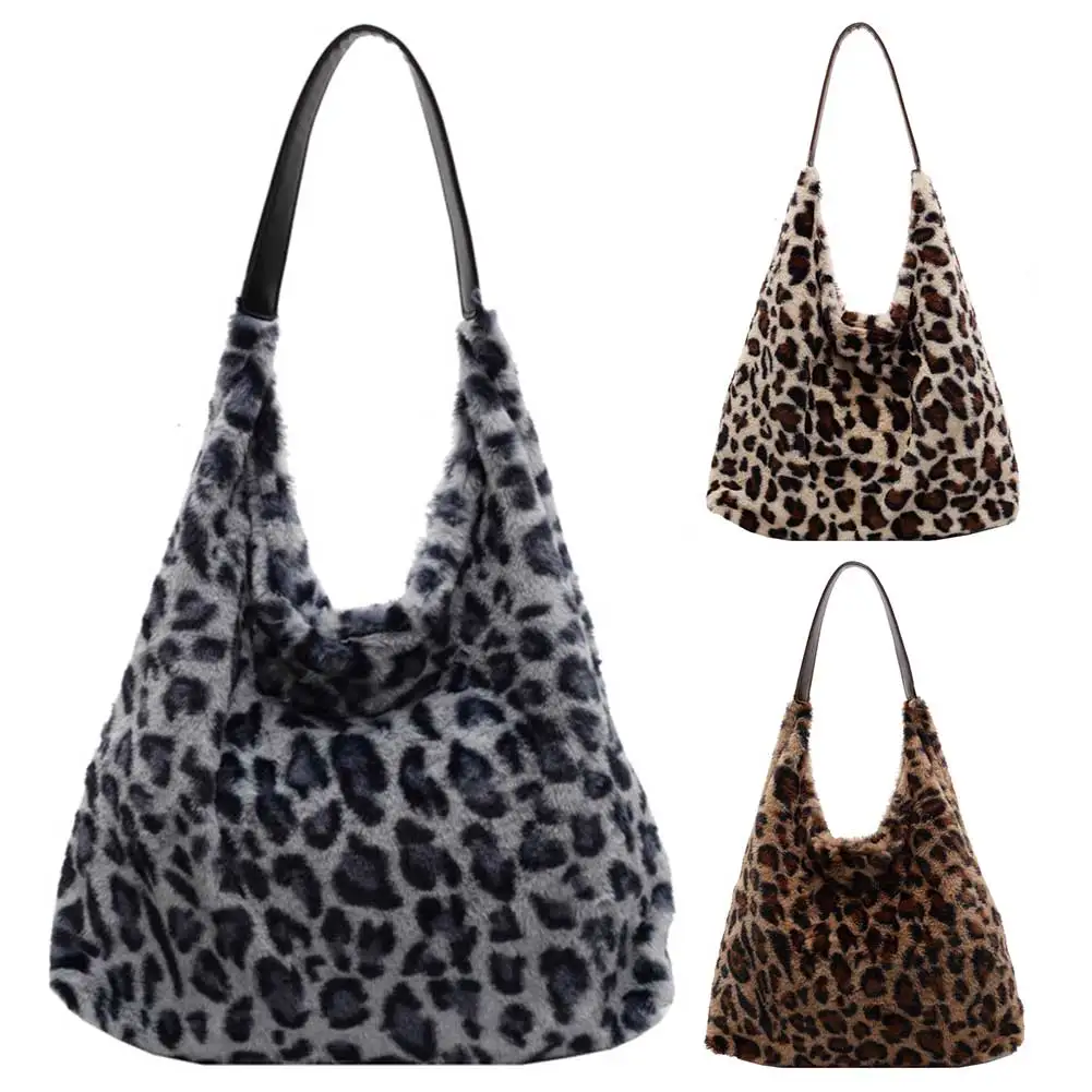 

Women Plush Leopard Shoulder Bag Fashion Shoulder Purse Large Capacity Chic Hobo Bag Stylish Top Handle Bag Simple Commuting Bag