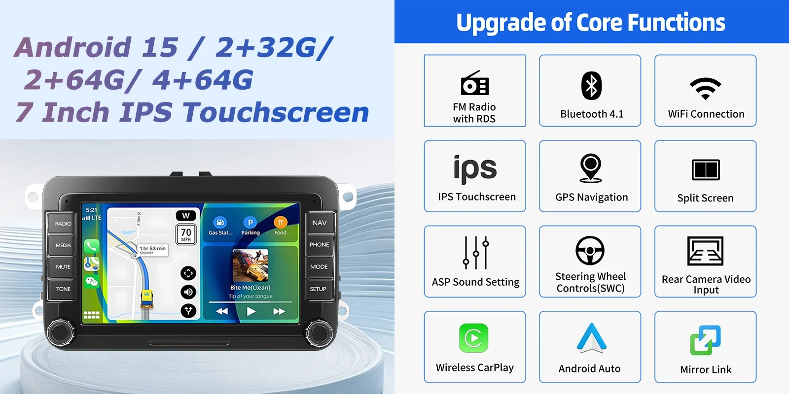 ESSGOO 7" Android 15 64G Wireless Carplay Android Auto für VW Touran Polo Caddy EOS Tiguan 6R Passat Jetta Golf Rabbit T5 Sharan Autoradio GPS-Navigation FM BT WiFi RDS SWC Mirror Link AI Voice Multimedia-Video-Player IPS Touchscreen – Detail 9