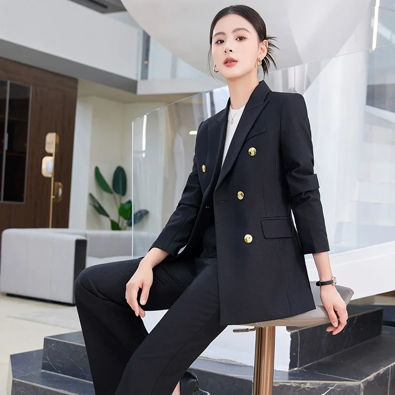 Khaki Suit Women2024High-End Commuter Double-Breasted Suit Bootcut Trousers Temperament Twinset Wholesale