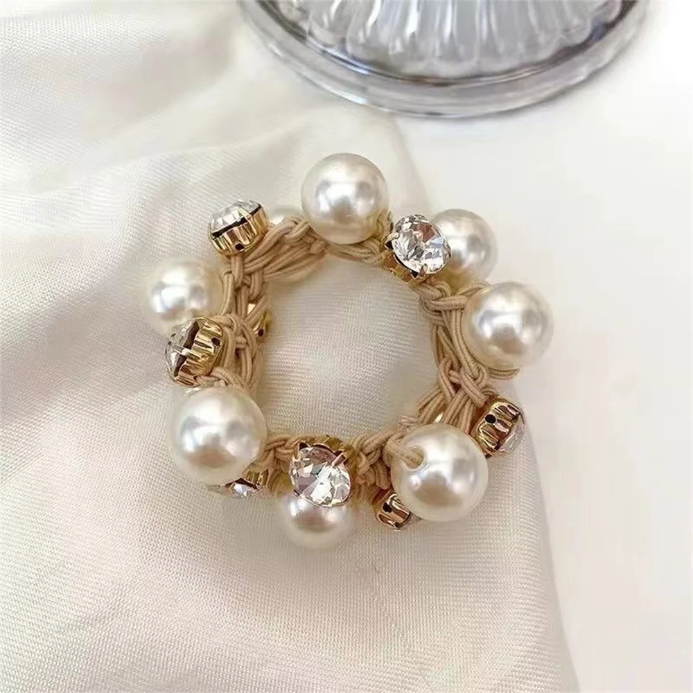 Elegant Pearl Rhinestone Hair Rope for Women Fashion Ball Bun Headband Ponytail Rubber Band Female Ornament Accessories Gifts