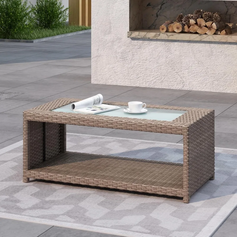

Outdoor Coffee Table Wicker Patio Rattan Side Table with Storage and Glass Top, Modern Life Luxury Choice, Light Brown