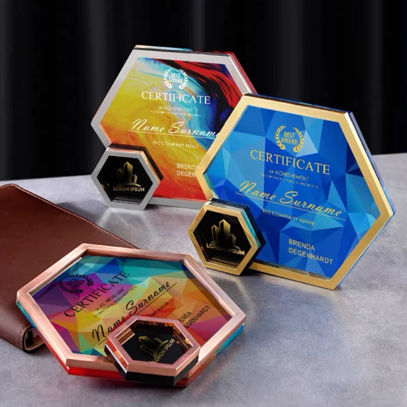 Customization Color Printing Crystal Trophy, Home Enterprise Excellent Employee Annual Meeting Award, Hexagonal Metal Frame, 1Pc