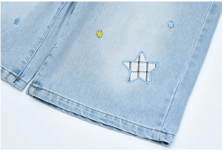 Kinder Sommer Retro Blaue Denim-Shorts mit Sternen für Tweens Mädchen Hip-Hop Taschen Hohe Taille Schmale Knielange Capri-Jeans – Detail 9