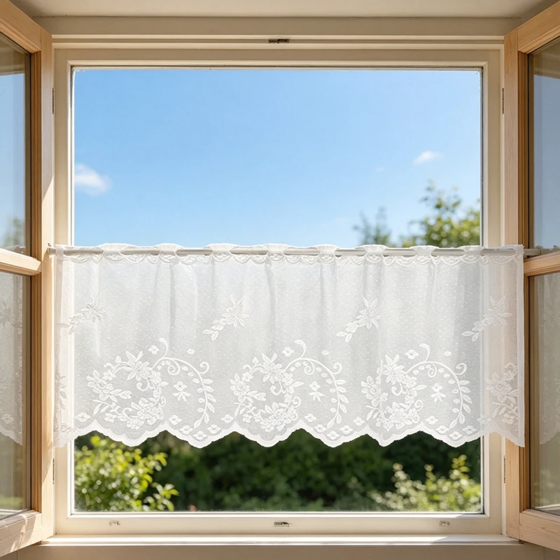 Fresh Lace Floral Jacquard Half Curtain with Wave Lace Edging and Small Window Decoration Short Curtain