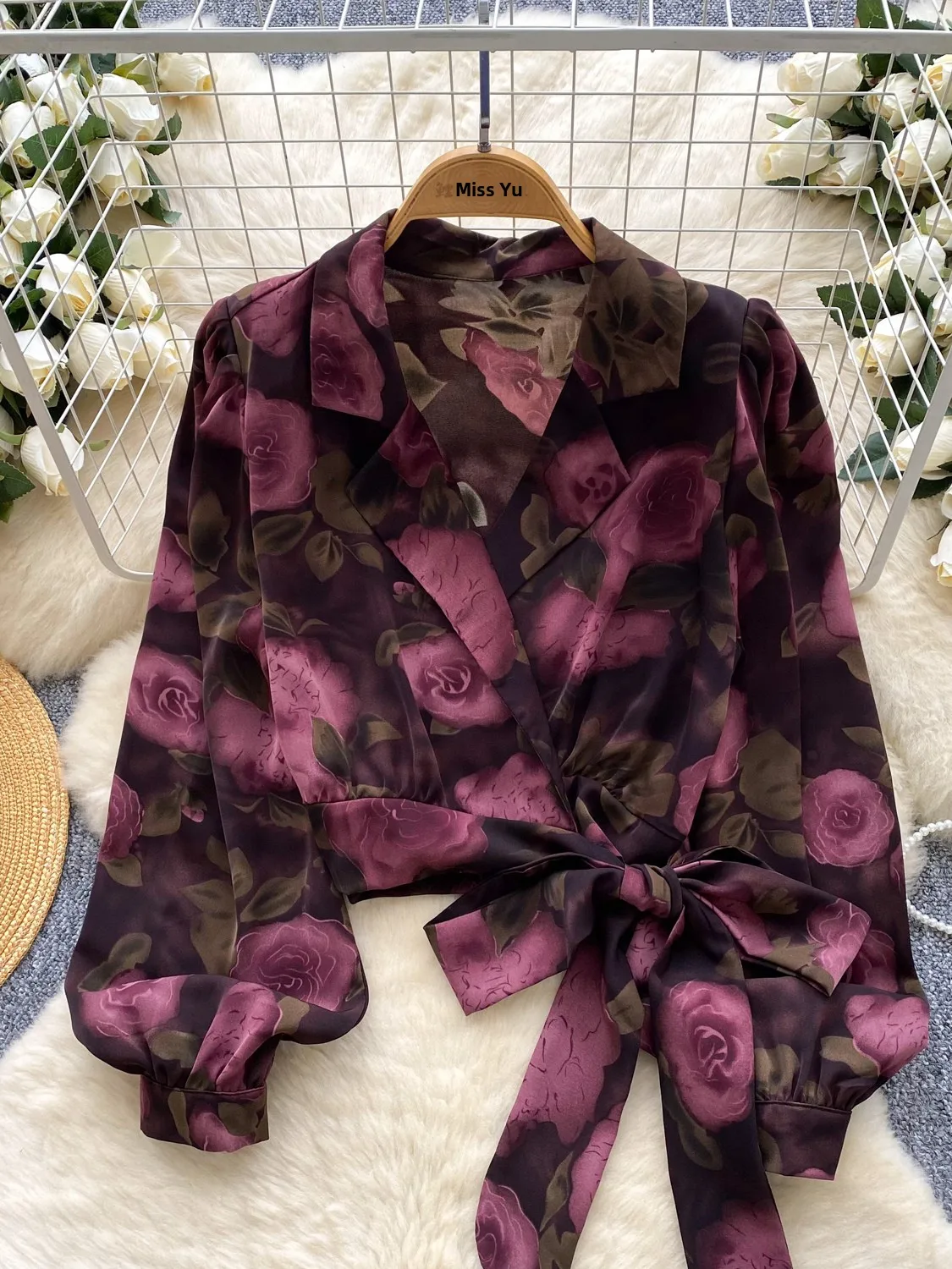 

Retro Print Lantern Sve irt Women's Autumn Suit Collar Belted Waist Exposure Navel Beautiful Small Size Top Korean Sle...