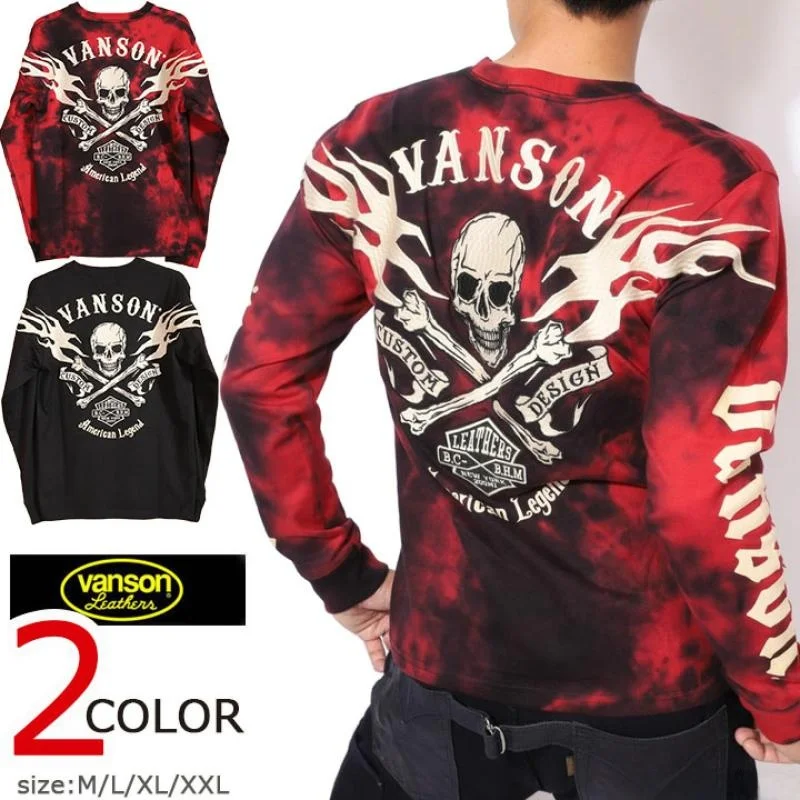 

Vason Retro Embroidered Classic Skull Flame Tie Dye Motorcycle Knight Pure Cotton Casual Long Sve T-irt Tee