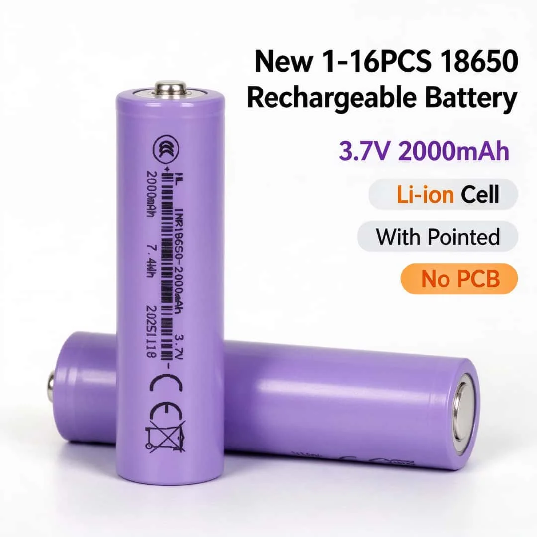 New 1-16PCS 18650 3.7V 2000mAh Rechargeable Battery With Pointed No PCB Li-ion Cell For Power Tools Flashlight Power Bank