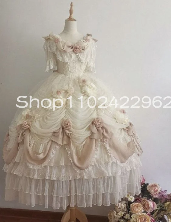 Romantic Rose Lolita rococo Victorian Prom Dresses with Sleeve 3D Floral Puffy Skirt Ruched V-neck Bustle costume evening gown