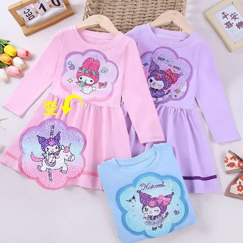 

Kawaii Kuromi Cinnamoroll Anime Sanrio Long Sleeve Shirt Dress Spring Autumn Cute My Melody Children Princess Skirt Clothing Toy