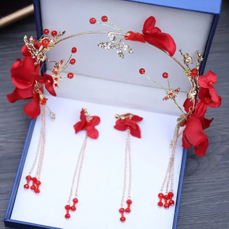 

Solid Color Fashion Red Flower Head Decor Bridal Tiaras Headband Headpiece Wedding Crowns Earring Jewelry Accessories for Women