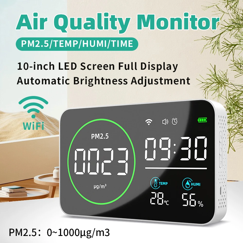 4 in 1 WIFI Smart Air Quality Detector PM2.5 Monitor Indoor Digital Temperature Humidity Tester 10 Inch LED Screen Alarm Clock