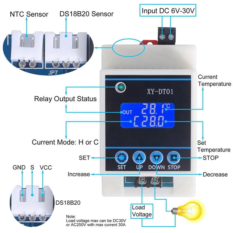 A14M 5X XY-DT01 เครื่องควบคุมอุณหภูมิแบบดิจิตอล -40-110 ° C พร้อมจอแสดงผล LCD และเซ็นเซอร์กันน้ํา