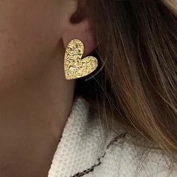 WILD & FREE 18K Gold Plated Stainless Steel Heart Stud Earrings for Women Irregular Hammered Texture Trendy Jewelry Waterproof
