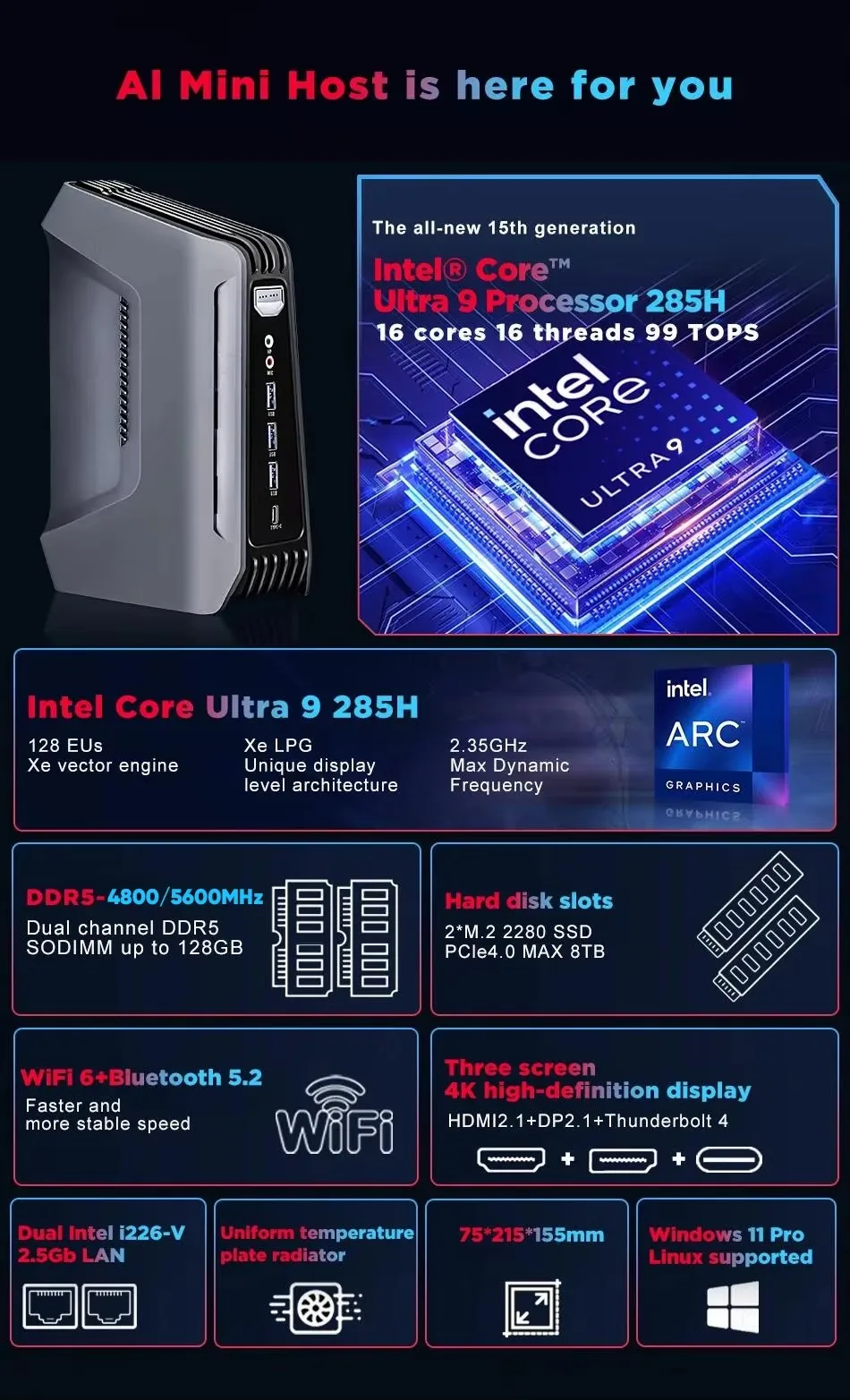 Topton F12 AI Gaming Mini PC 15th Gen Intel Core Ultra 9 285H 7 255H 2x2.5G LAN 2xDDR5 2xPCIe Thunderbolt 4 Windows 11 RGB WiFi6