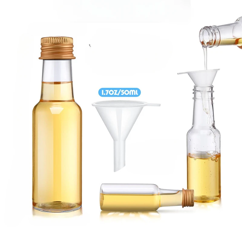 20Pcs 1.7oz Plastic Spirit Bottles Mini Liquor Bottles Set Silver/ Gold Caps Alcohol Shot Bottles with Funnels Kraft Tags Rope