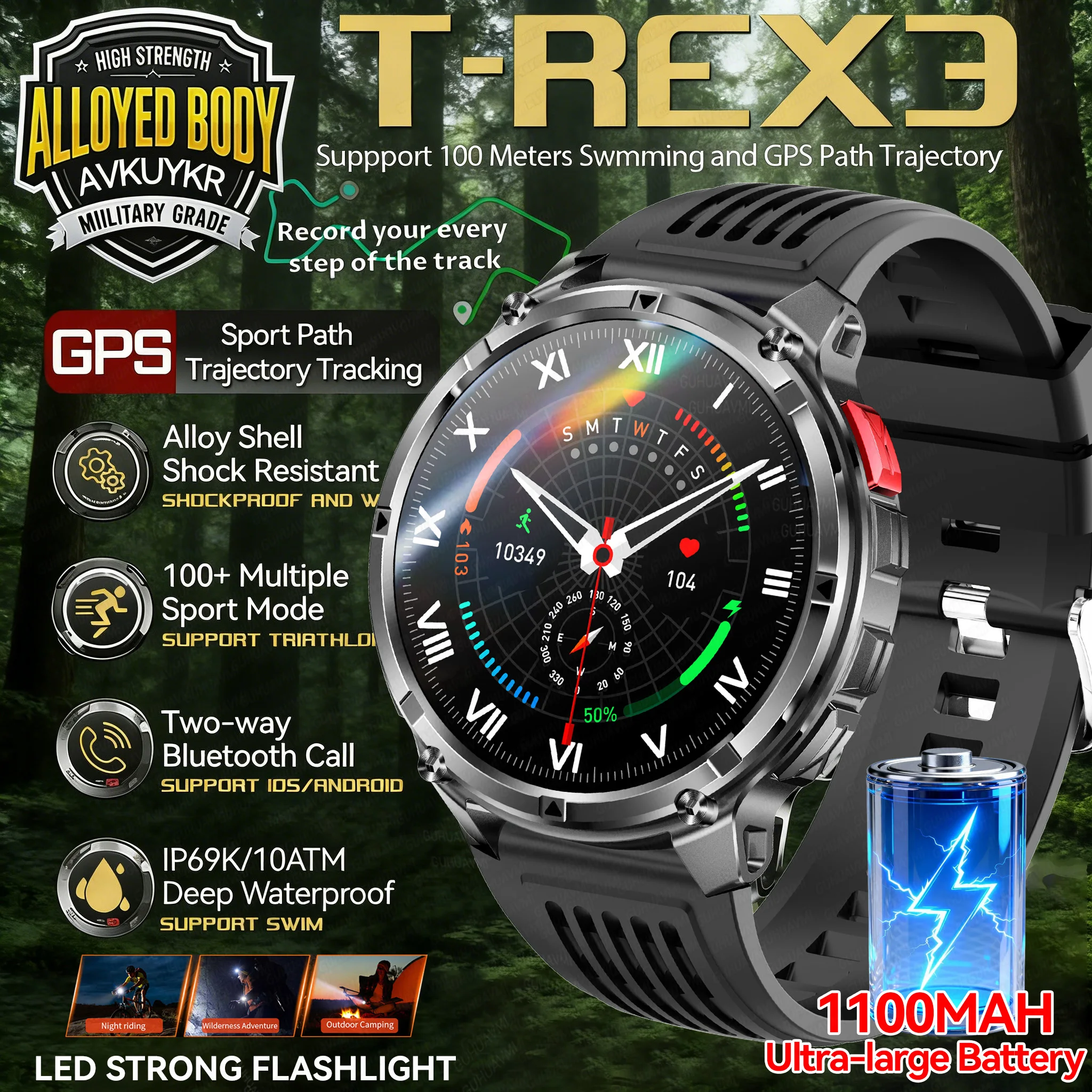 

2026 T-REX3 1100 мАч Смарт-часы с аккумулятором для мужчин 10 АТМ Водонепроницаемые GPS Bluetooth-вызовы 1,7 "AMOLED HD Спортивный фонарик Смарт-часы IOS