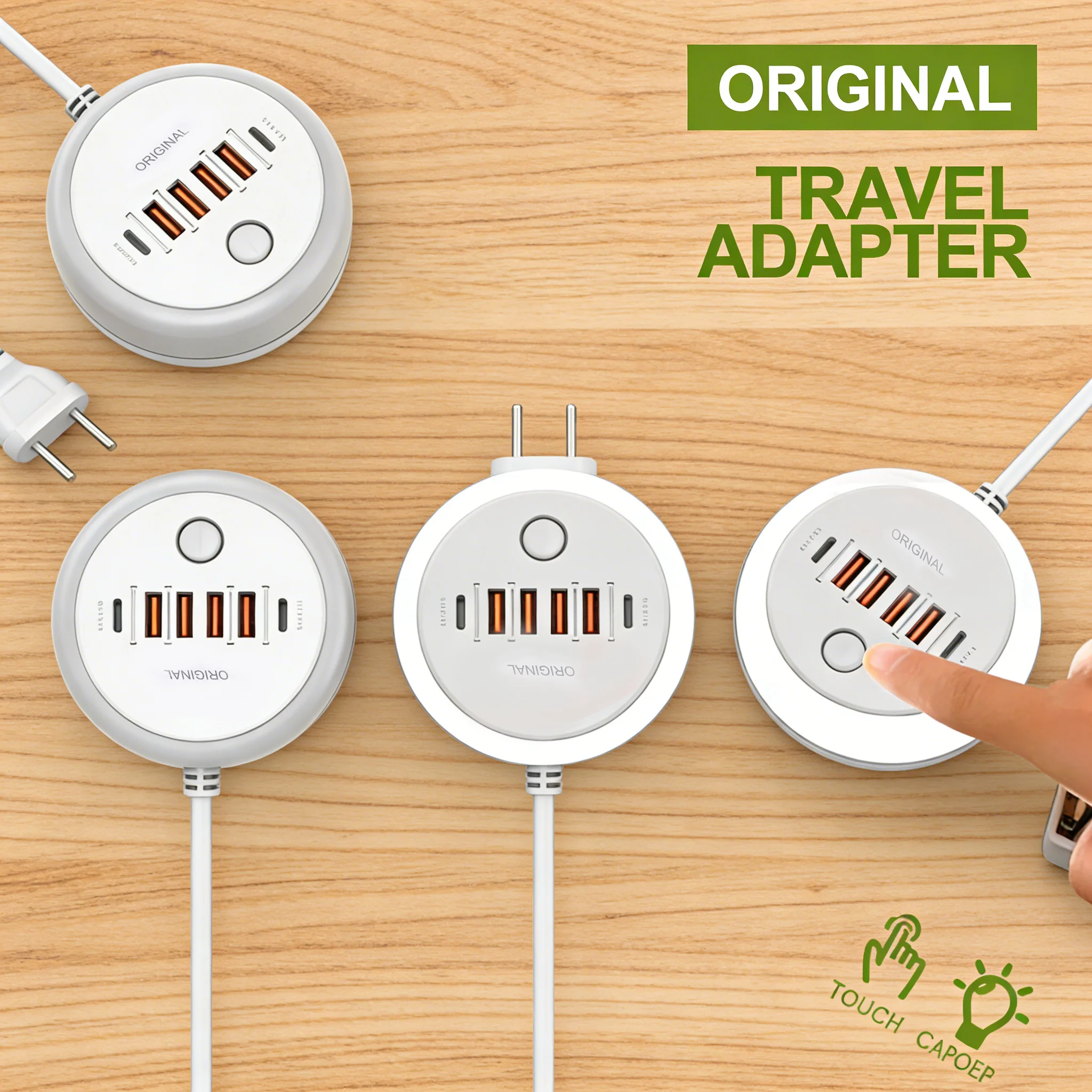 50W Portable Round USB Charging Station 2 Type-C 4 USB Ports Touch Control Night Light Fast Charging Universal UK/US/EU Plug