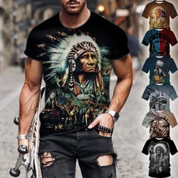 Men's Casual Fashion Top Latest Indian Chief Print T-shirt American Tribal Spirit 3D Printing T-shirt Native