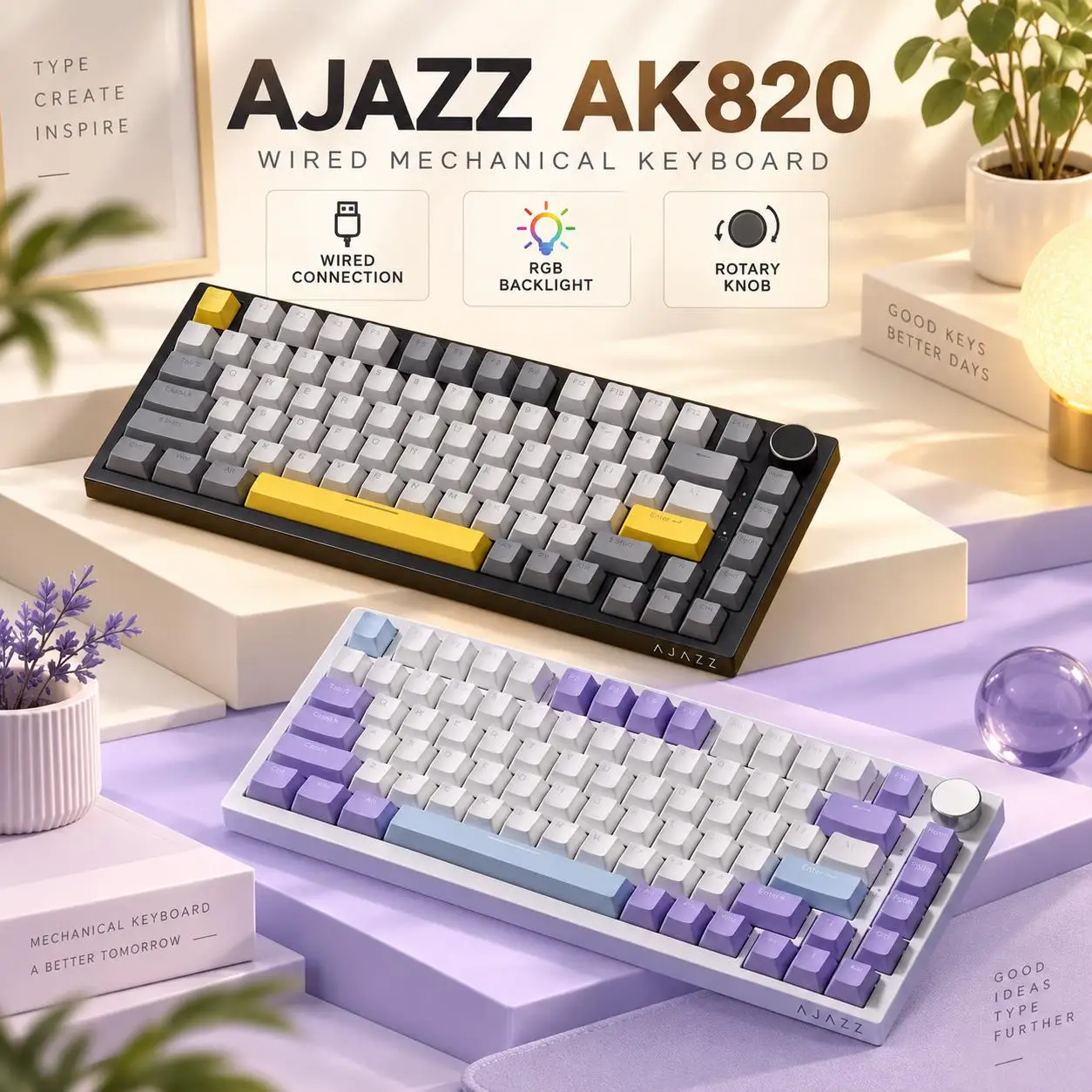 AJAZZ AK820 and AK820Pro Mechanical Keyboard PBT OEM Keycaps RGB Full Key Rollover Type-C Detachable Cable for PC Laptop