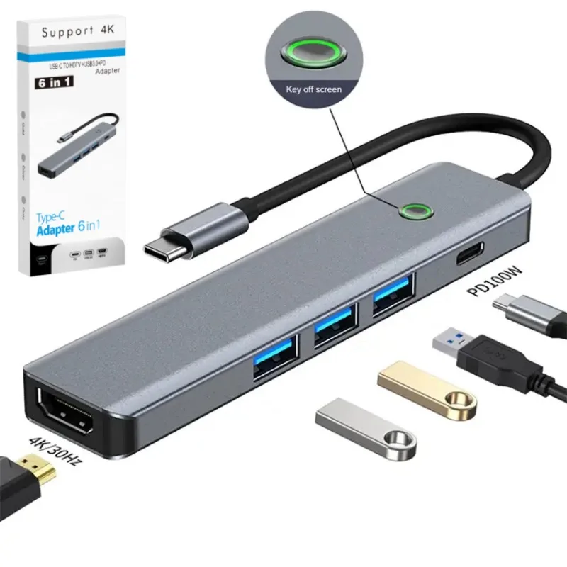 5-in-1 Type C Docking Station USB2.0 Port 4K HD Video Output PD 100W Charger HiFi Screen Cast One Click Power Off Portable Hub