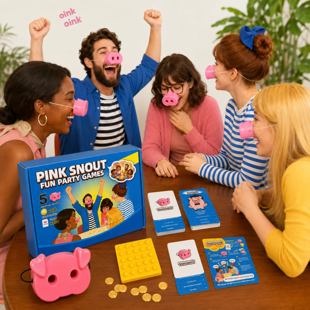2026 Interactive Snorting Snout Game, Funny Challenge Prop, 5 Pink Noses 150 Cards, Birthday Party Entertainment