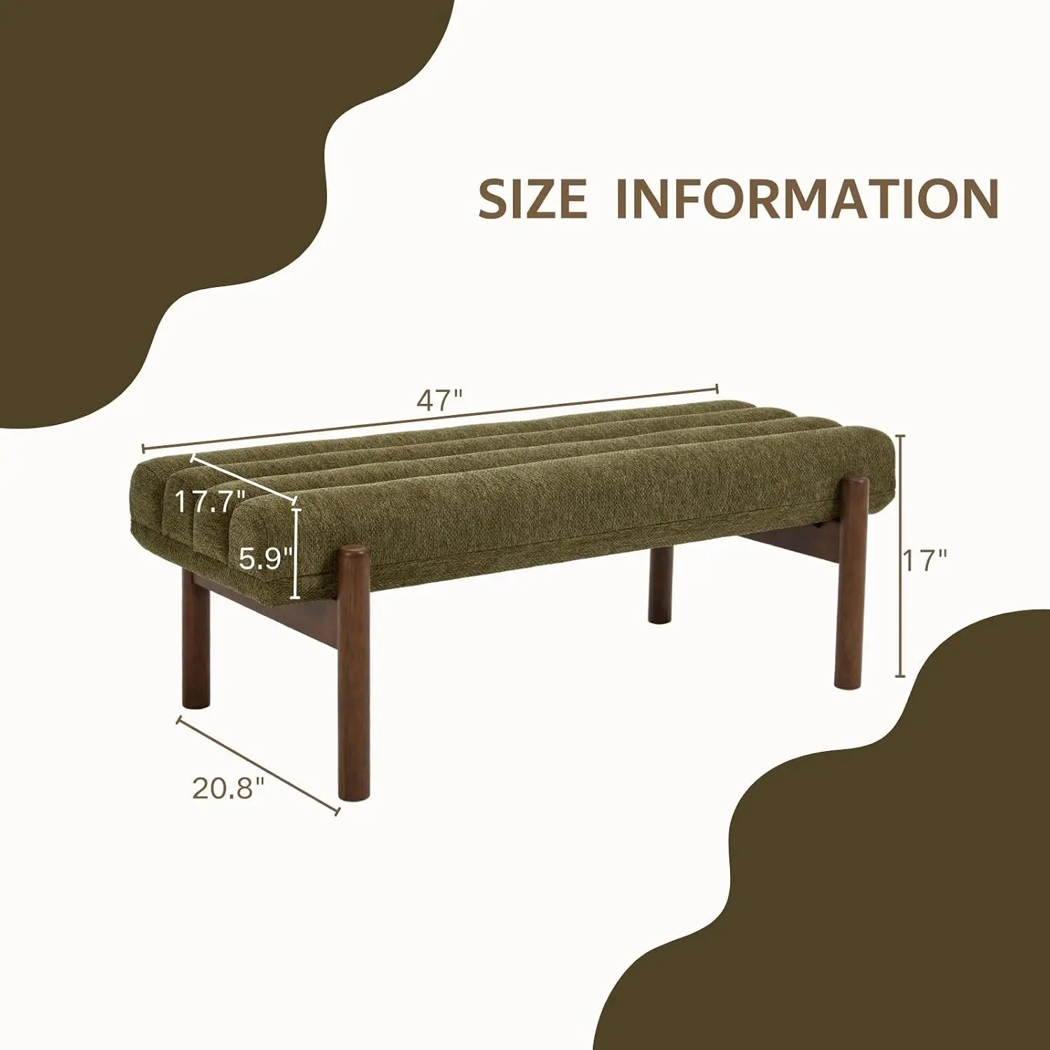 Green Upholstered Bench Chenille Fabric Wooden Legs 47
