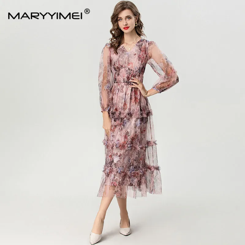 Mary yimei-vestido de baile con cuello en V para mujer, manga de linterna, empalme de malla, borde de hongos de árbol comestible, vestidos de fiesta de vacaciones, otoño