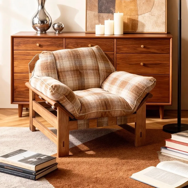Nordic Style Wooden Single Sofa Chair Light Luxury Villa Living Room Balcony Available Medieval Bed and Breakfast Rest