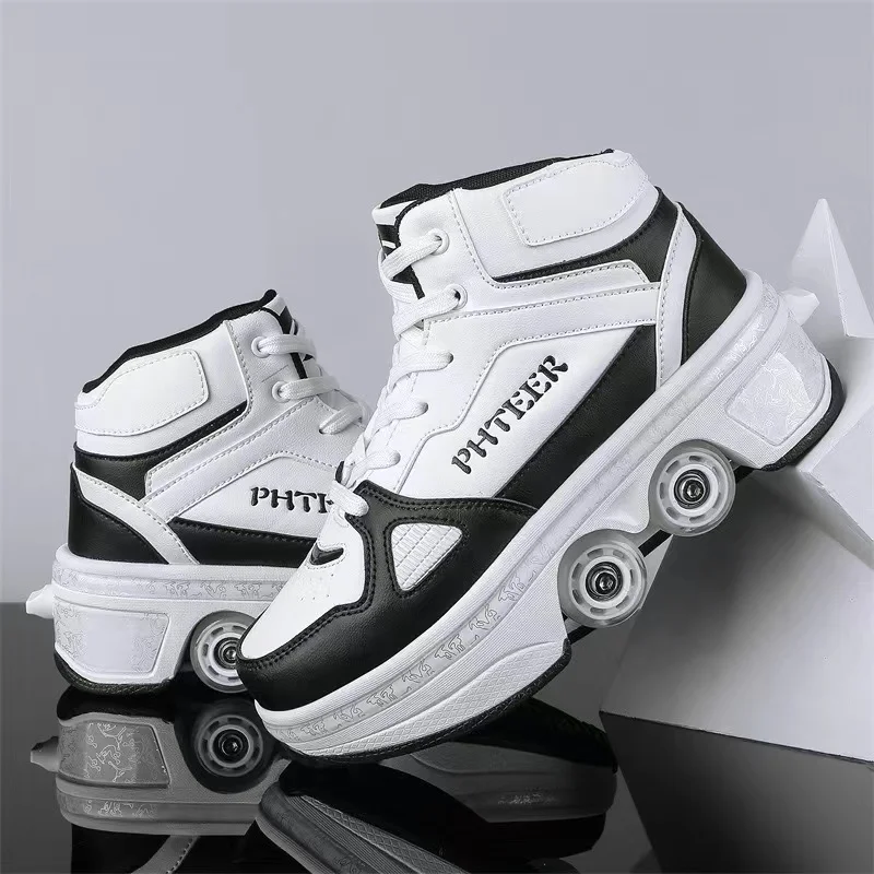 Four-Wheel Dual-Use Roller Skate Shoes for Men and Women, Casual Sneakers, Sport Deformation, Walking, Running