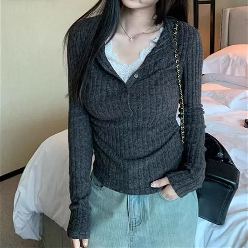 Vintage Long Sleeves Lace Patchwork T-shirt Women Korean Design False Two-piece Top Fashion Slim Autumn Winter Y2k Clothing