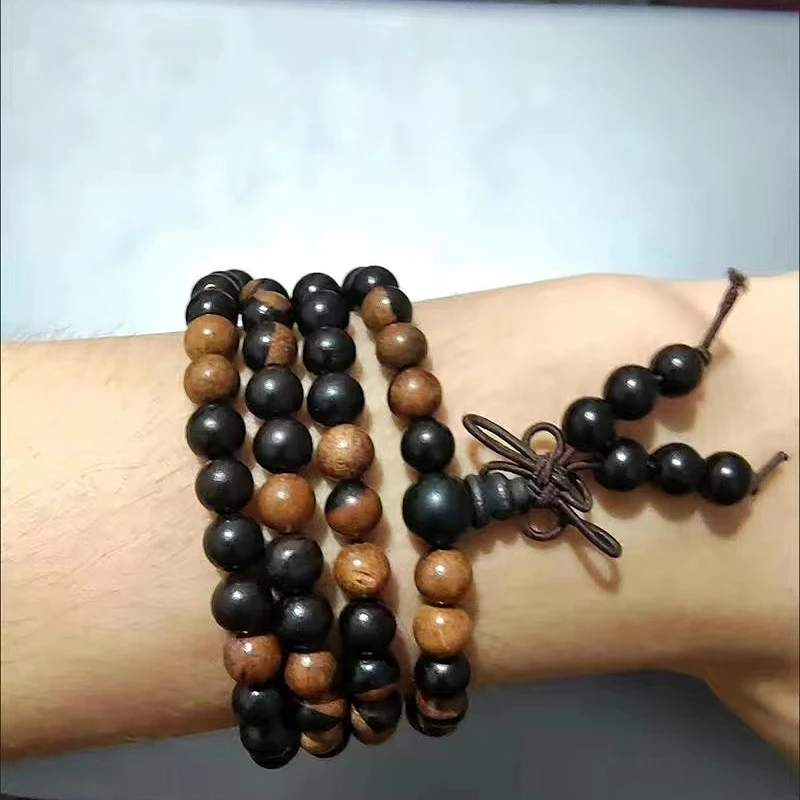 Natural ebony Tibetan Buddha Multilayer 108 Bead Black Bracelet Sandalwood Charm Bracelets Yin Yang Gossip For Men Wood Jewelry